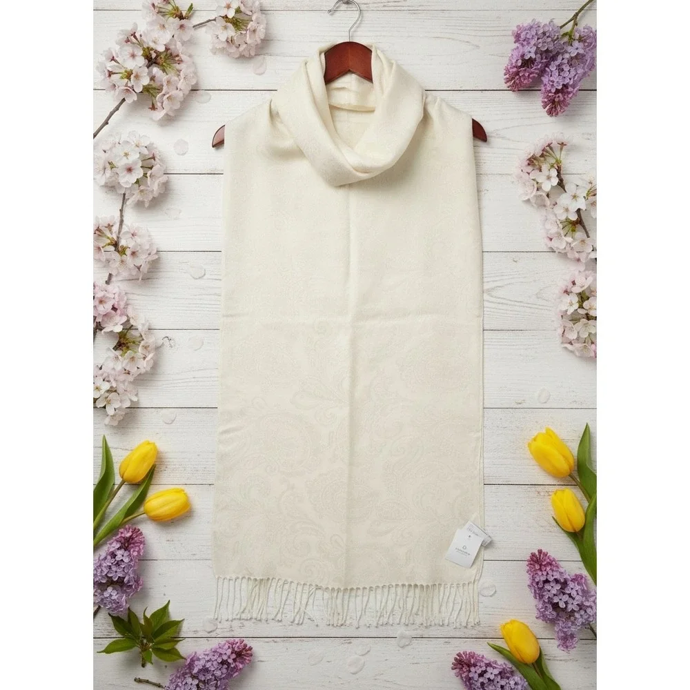 Liz Claiborne Ivory Scarf Wrap Fringe Elegant Holiday Gift NWT
